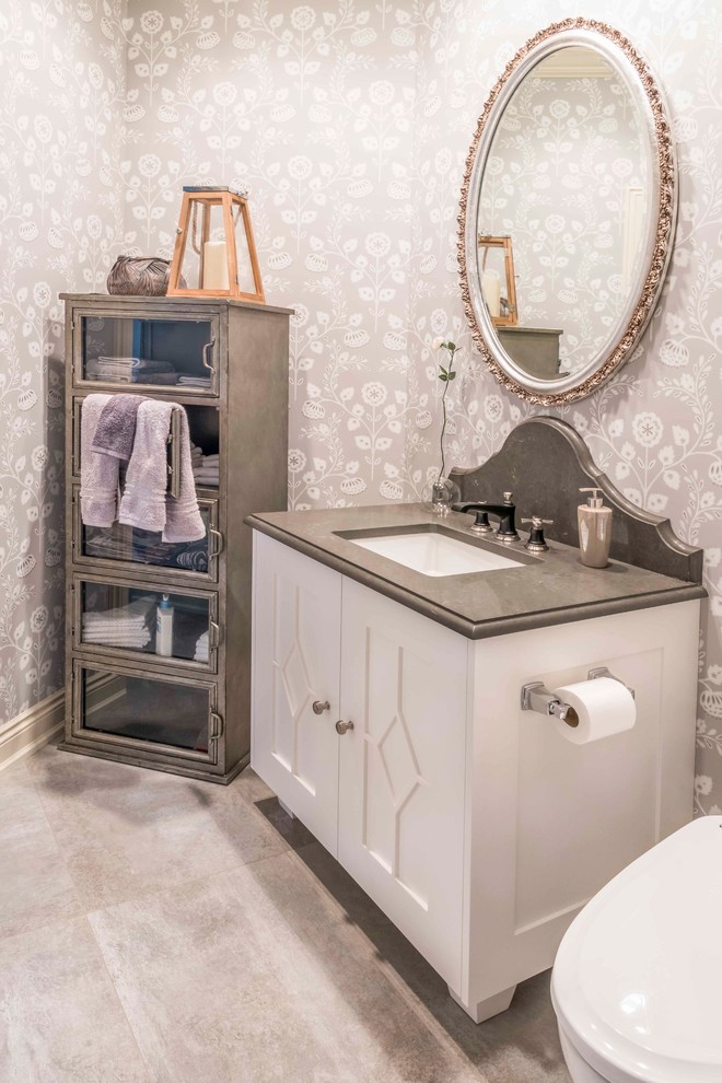 Inspiration for a mid-sized transitional 3/4 medium tone wood floor and brown floor bathroom remodel in Calgary with furniture-like cabinets, white cabinets and an undermount sink