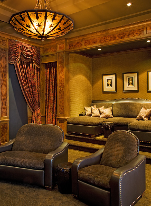 Inspiration for a large mediterranean enclosed home theatre in Austin with brown walls, carpet and a wall-mounted tv.