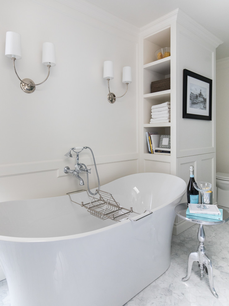 Inspiration for a transitional gray floor bathroom remodel in Calgary with white walls