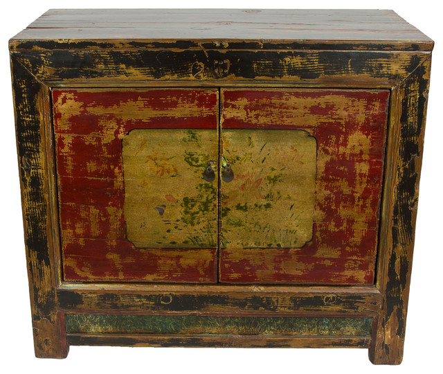 Consigned Distressed Painted Mongolian Antique 2 Door Chest