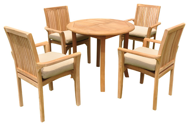 5 Piece Outdoor Teak Dining Set 36 Round Table 4 Lua Stacking Arm Chairs