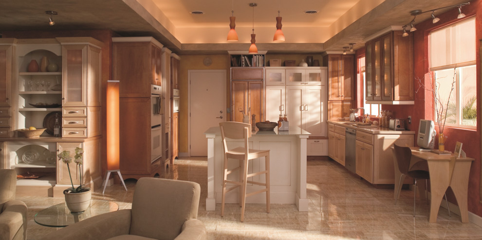 Open concept kitchen - large transitional u-shaped beige floor open concept kitchen idea in Baltimore with shaker cabinets, light wood cabinets, an island and stainless steel appliances