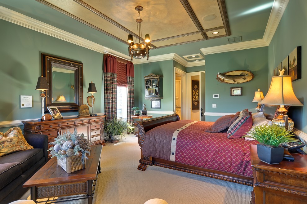 Design ideas for a mid-sized traditional master bedroom in Nashville with blue walls and carpet.