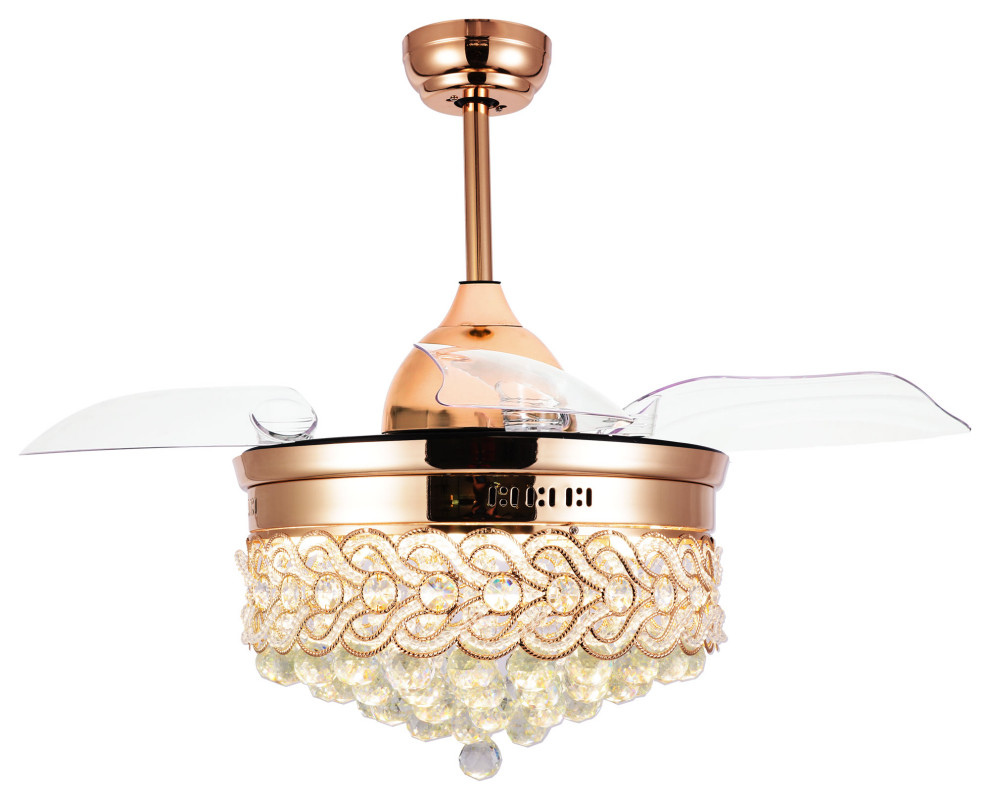 42" Modern Crystal Ceiling Fan with Lights, Retractable Chandelier Fan, French Gold