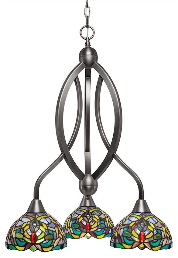 Toltec Bow 3-Light Chandelier, Brushed Nickel, 7" Kaleidoscope Tiffany