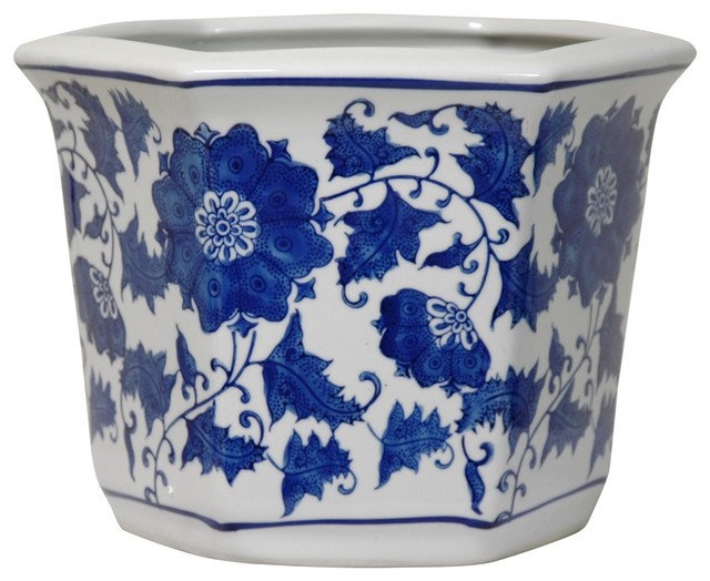 10" Wide Blue and White Floral Porcelain Flower Pot Asian Indoor