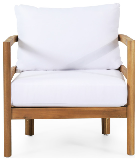 Aggie Outdoor Acacia Wood Club Chair With Cushions, Teak and White