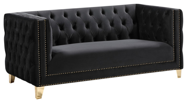 Michelle Fabric Upholstered Chair, Gold Iron Legs, Black, Velvet, Loveseat