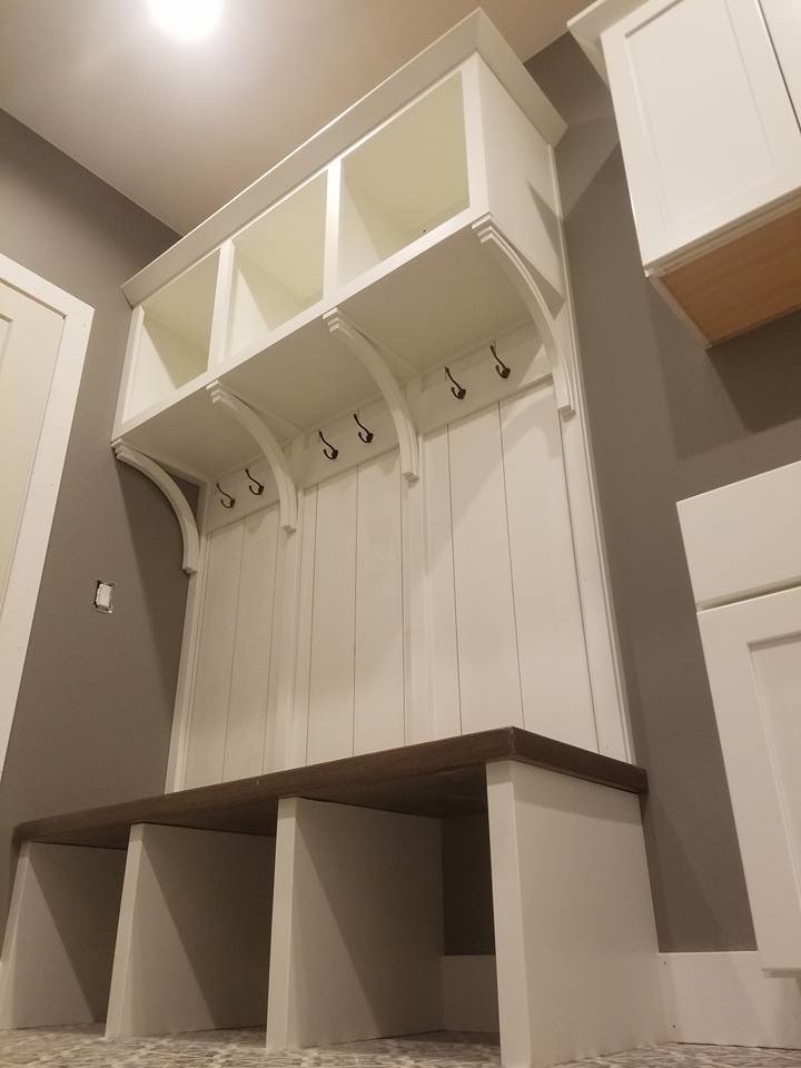 Mid-sized transitional mudroom in Cedar Rapids with grey walls, multi-coloured floor, ceramic floors, a single front door and a white front door.