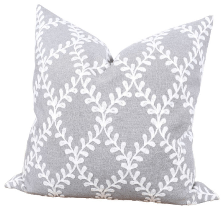 20" X 20" Gray and White Diamond Polyester Zippered Pillow With Embroidery