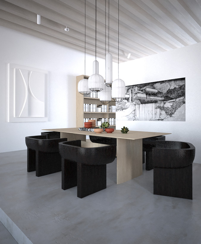 Eclectic open plan dining in Amsterdam with white walls, concrete floors, grey floor and wood.
