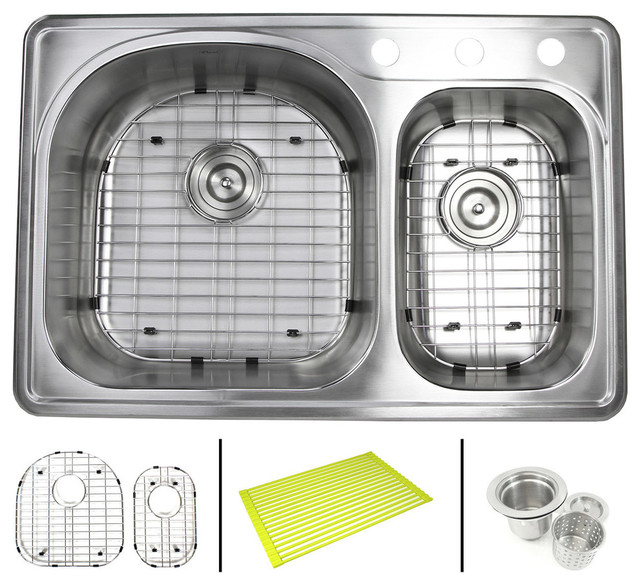 33" Topmount DropIn Stainless Steel 70/30 Kitchen Sink Combo