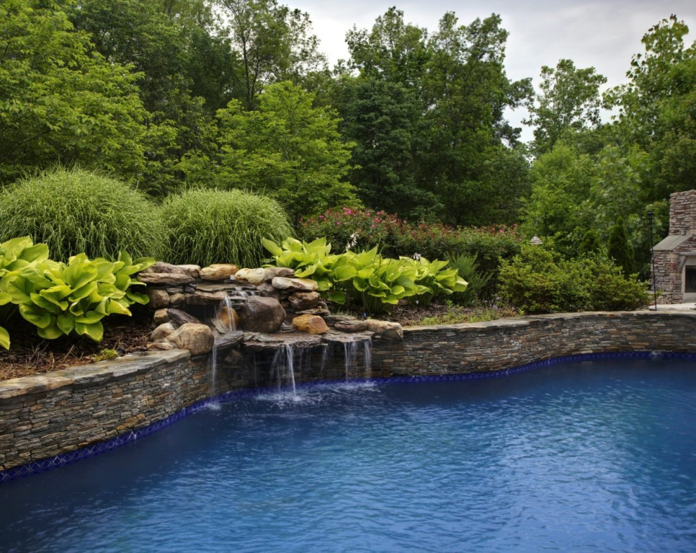 На фото: большой ландшафтный бассейн произвольной формы на заднем дворе в классическом стиле