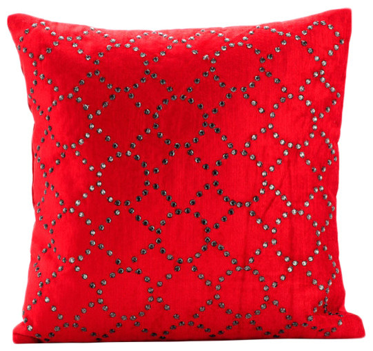 Beaded Red Throw Pillow Covers, 22x22 Velvet Pillows Cover, Red Velvet Crystal