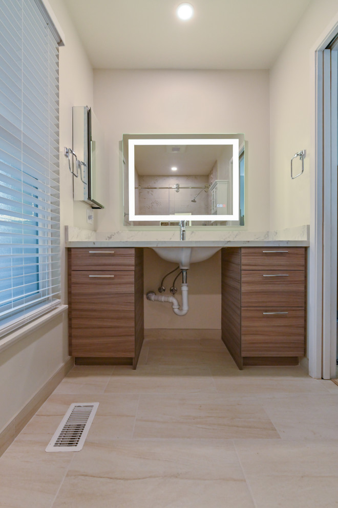 Small minimalist 3/4 wood-look tile floor, brown floor and single-sink bathroom photo in San Francisco with flat-panel cabinets, brown cabinets, marble countertops, white countertops and a built-in vanity