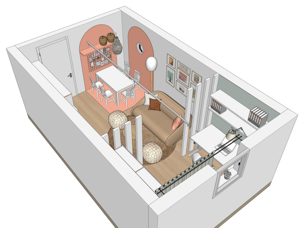 Idee per uno studio moderno di medie dimensioni con pareti rosa, pavimento in linoleum, scrivania autoportante e carta da parati