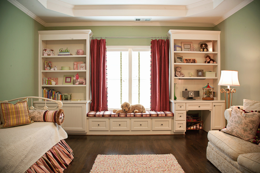 Girl's Bedroom in Pink and Green - Kids' bedroom - mid-sized and bedroom traditional girl dark wood floor kids' bedroom idea in Atlanta with green walls