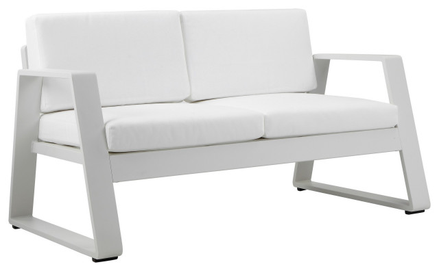 Benzara BM287775 Outdoor Sofa, White Aluminum, Fade Resistant Fabric Cushions