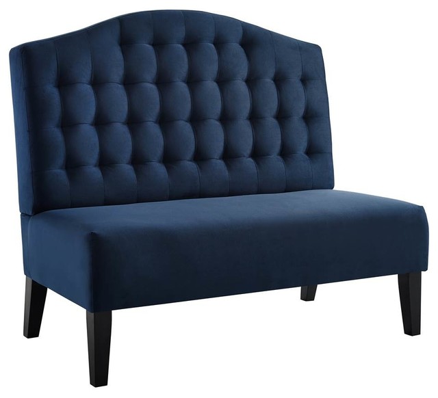 Biscuit Tufted Entryway Bench In Navy Blue Velvet Transitional
