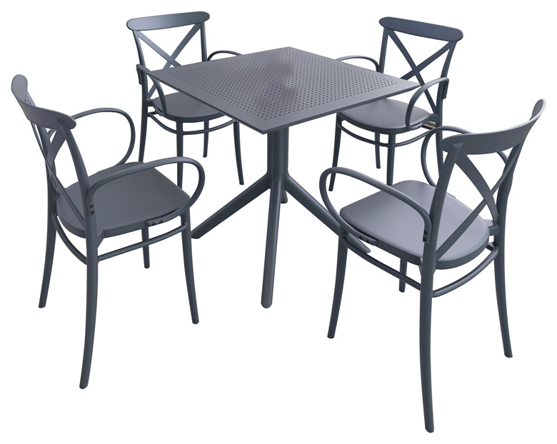 Pemberly Row XL Square Patio Dining Table Set with 4 Chairs in Dark