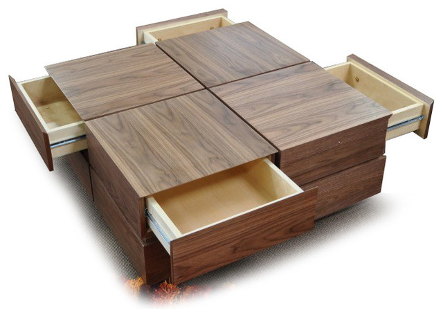 MODERN WALNUT SQUARE COFFEE TABLE WITH DRAWERS SOMA - Contemporary