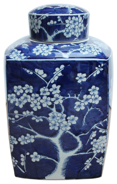 Blue and White Cherry Blossom Porcelain Square Tea Jar Caddie 14"