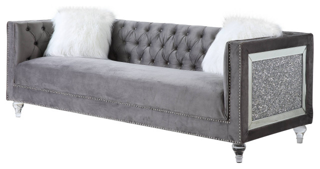 HeiberoII Sofa With 2 Pillows, Gray Velvet