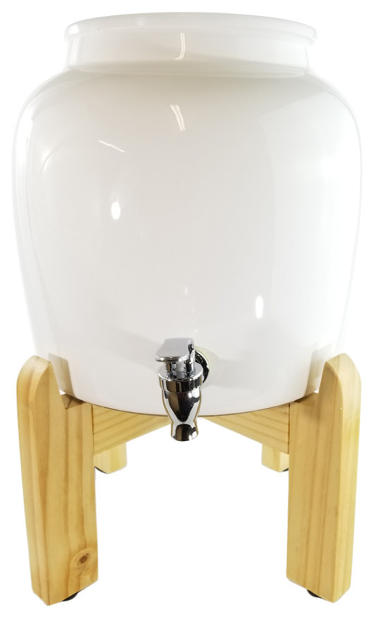 Premium Porcelain Water Crock Dispenser With Wood Stand Contemporary
