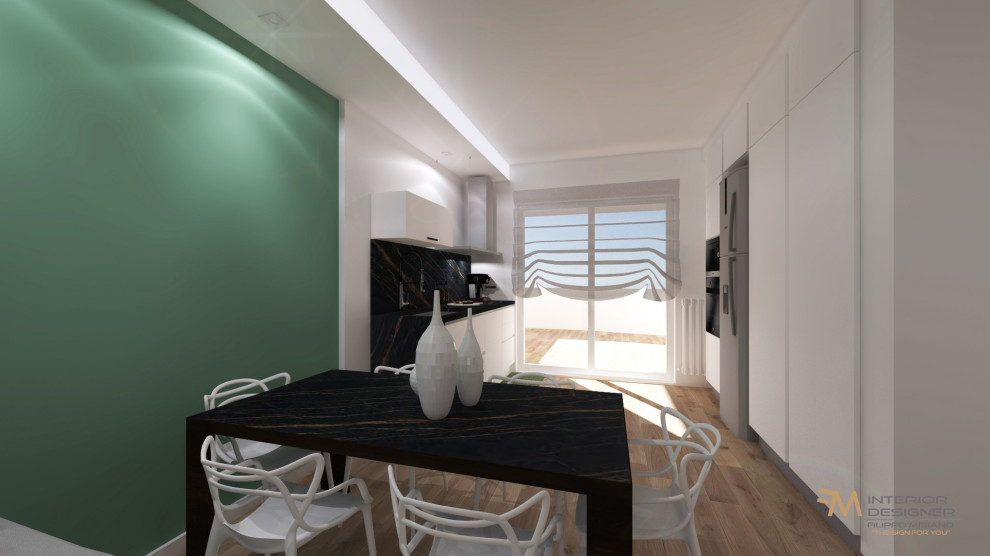 Immagine di un piccolo soggiorno minimalista chiuso con pareti verdi, parquet chiaro, nessun camino, parete attrezzata, pavimento marrone, soffitto ribassato e con abbinamento di divani diversi