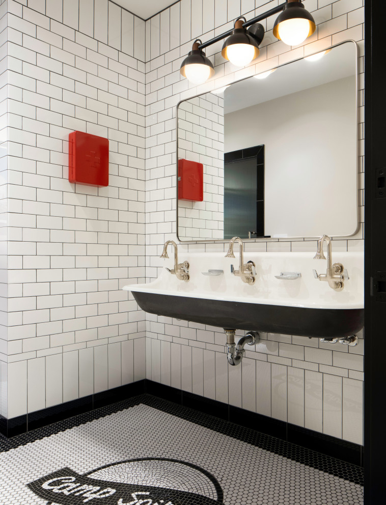 Large contemporary bathroom in Other with an alcove shower, a one-piece toilet, black and white tile, ceramic tile, white walls, mosaic tile floors, with a sauna, a wall-mount sink, white floor, a hinged shower door and a double vanity.