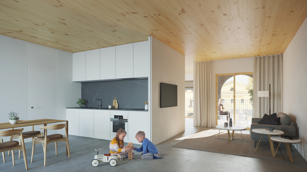 Источник вдохновения для домашнего уюта: большая открытая, объединенная гостиная комната в современном стиле с белыми стенами, бетонным полом, телевизором на стене, серым полом и деревянным потолком