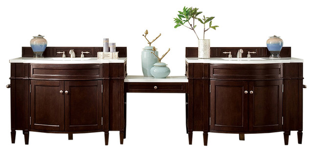 Brittany 118" Double Vanity Mahogany Makeup Table, 3 cm Arctic Fall Top