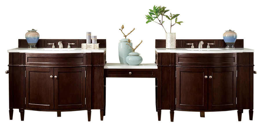 Brittany 118" Double Vanity Mahogany Makeup Table, 3 cm Arctic Fall Top