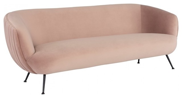 84 8 L Nina Sofa Pleated Blush Velour Seat Matte Black Metal Legs Modern