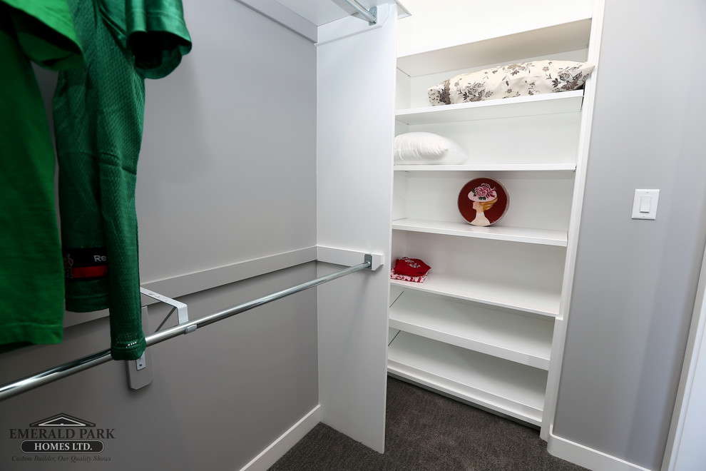 Example of a carpeted and gray floor walk-in closet design in Other