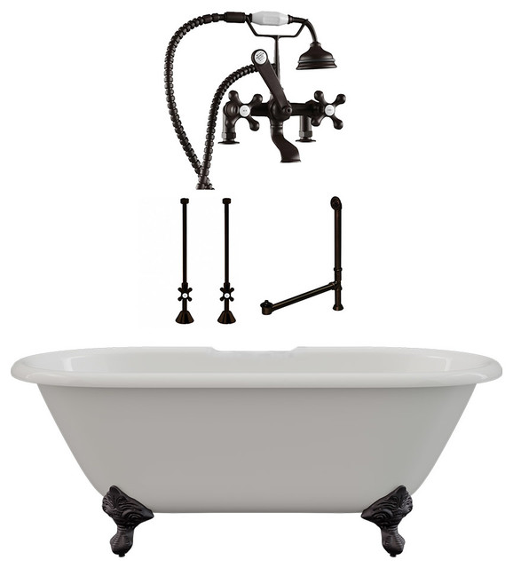 60" Cast Iron Double Ended Clawfoot Tub Complete Deck Mount Plumbing Package Traditional
