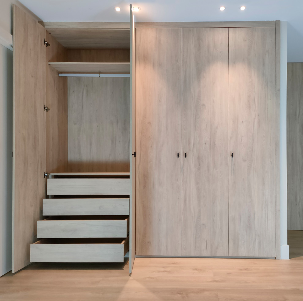 Стильный дизайн: большой встроенный шкаф в стиле модернизм с фасадами с утопленной филенкой, светлыми деревянными фасадами и светлым паркетным полом - последний тренд