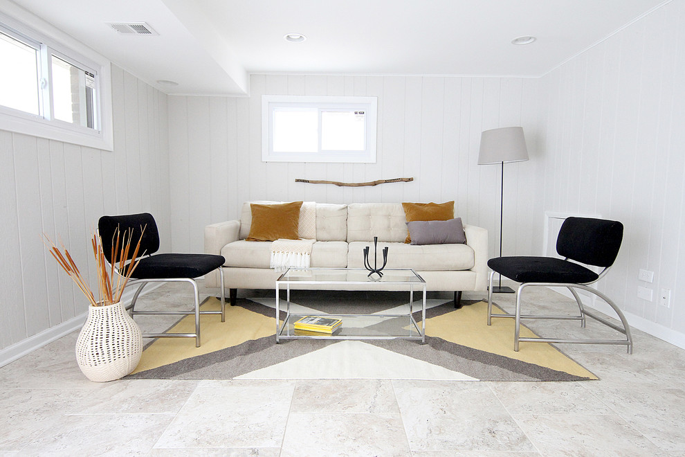 Inspiration for a mid-sized midcentury basement in Chicago with white walls and travertine floors.