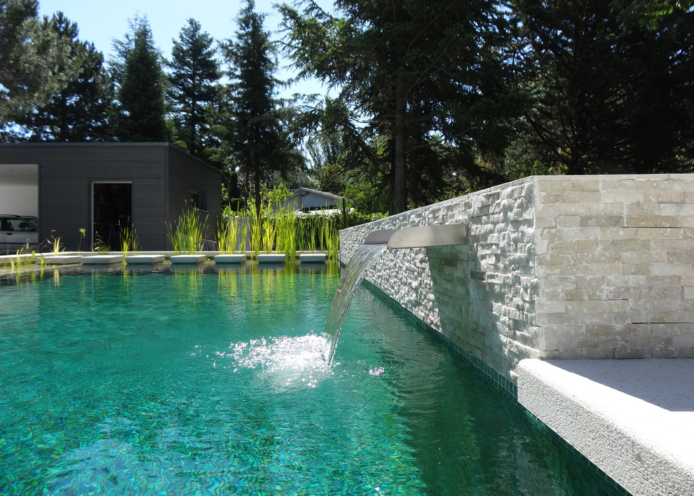 Photo of a mid-sized contemporary side yard rectangular natural pool in Other with a water feature and tile.