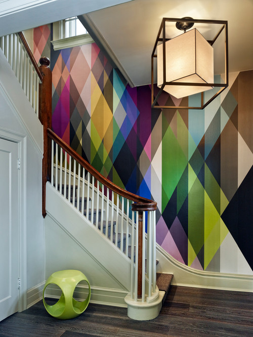geometric wallpaper on staircase wall