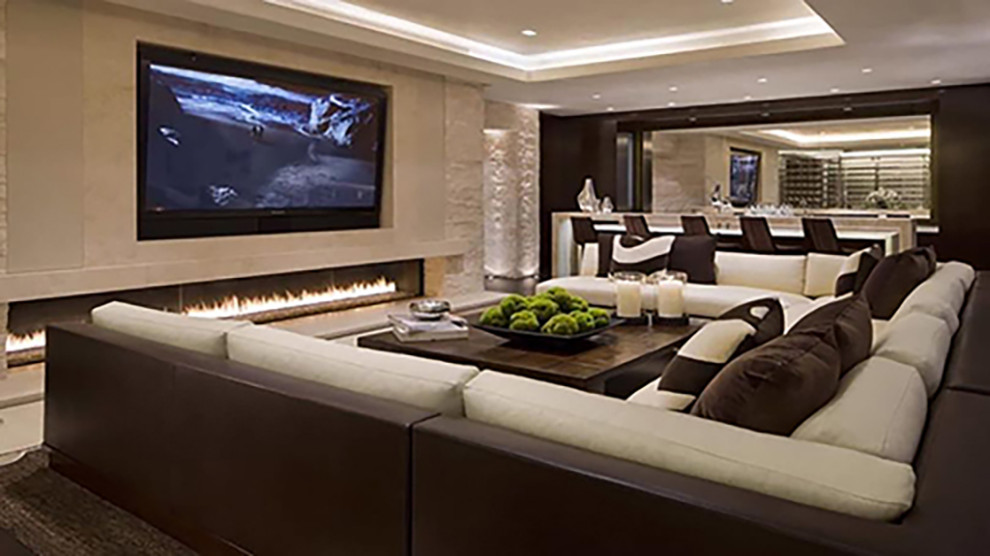 Photo of a large contemporary open concept living room in Rome with a ribbon fireplace and a wall-mounted tv.