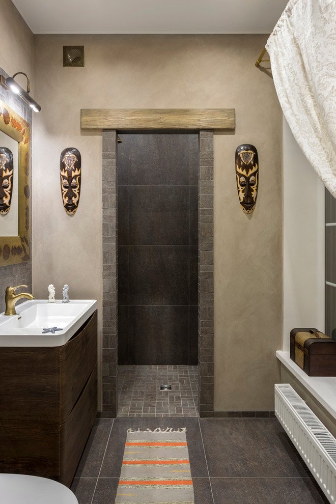 Photo of a mid-sized asian 3/4 bathroom in Moscow with flat-panel cabinets, gray tile, porcelain tile, beige walls, porcelain floors, grey floor, an open shower, an alcove shower, an integrated sink, dark wood cabinets and white benchtops.