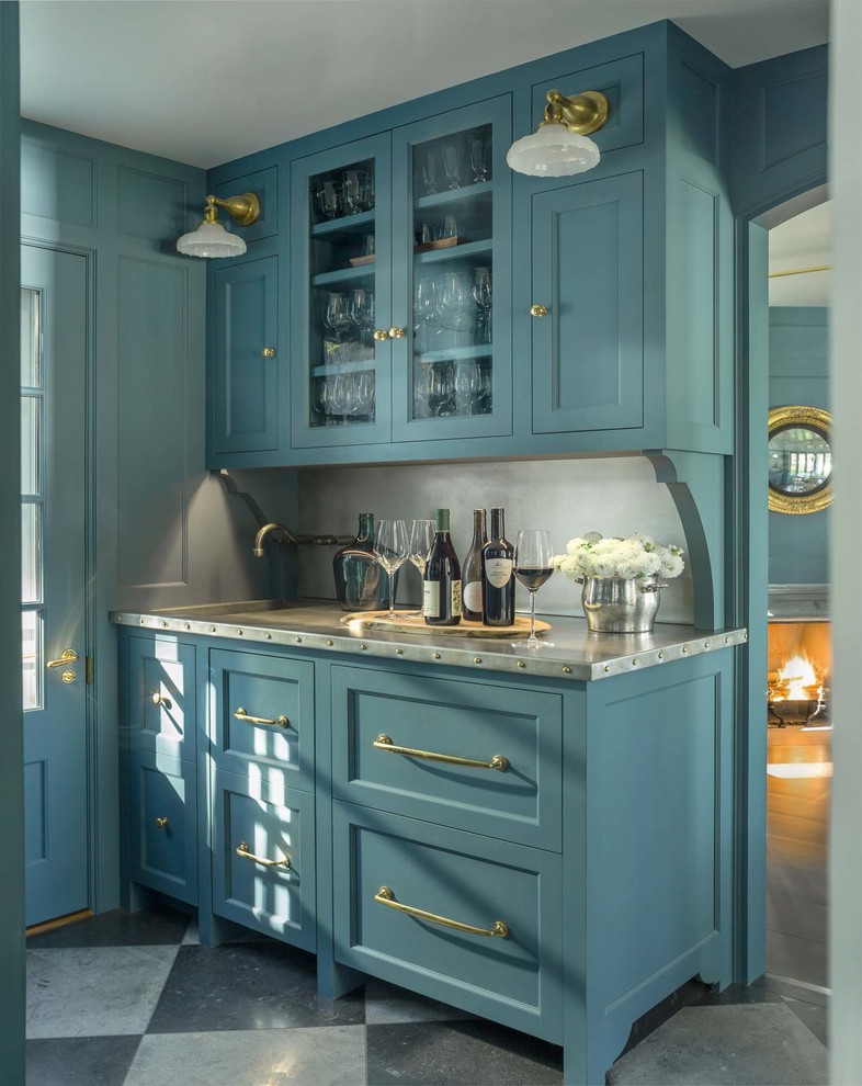 Design ideas for a country single-wall wet bar in Burlington with an integrated sink, shaker cabinets, blue cabinets, grey splashback, grey floor and grey benchtop.