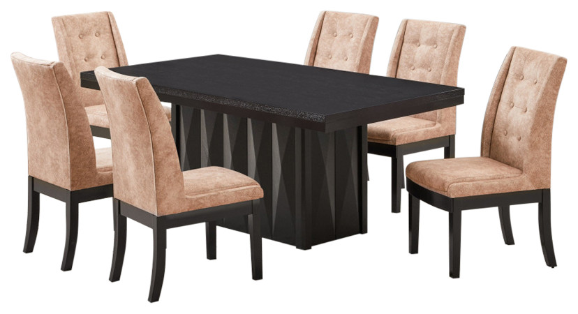 7 Piece Dining Set, Cappuccino Wood and Light Brown Fabric, Table and 6 Chairs