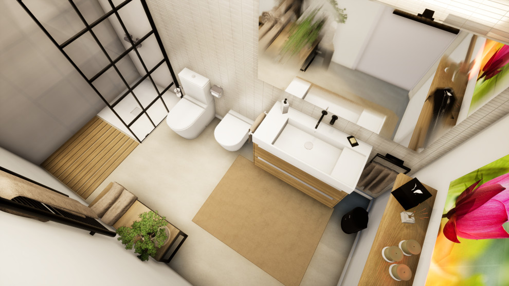 Inspiration för små moderna vitt en-suite badrum, med släta luckor, beige skåp, en kantlös dusch, en toalettstol med hel cisternkåpa, beige kakel, keramikplattor, vita väggar, klinkergolv i keramik, ett avlångt handfat, bänkskiva i akrylsten, beiget golv och med dusch som är öppen