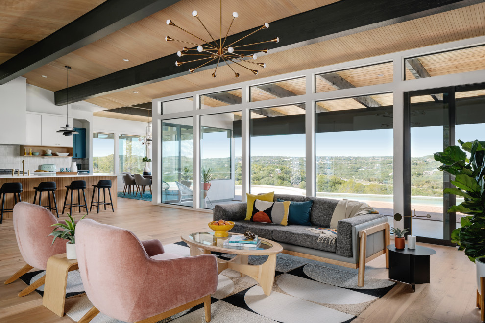 Inspiration for a mid-sized 1960s open concept light wood floor, beige floor and wood ceiling living room remodel in San Francisco