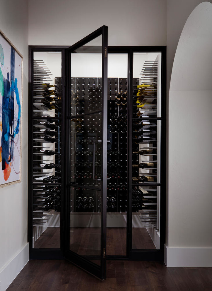 Design ideas for a beach style wine cellar in Tampa with dark hardwood floors, storage racks and brown floor.