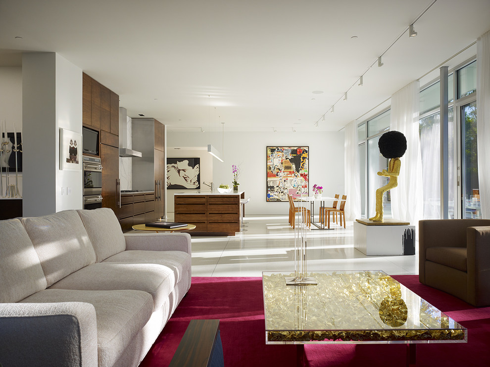 Photo of a contemporary open concept living room in Chicago with white walls.
