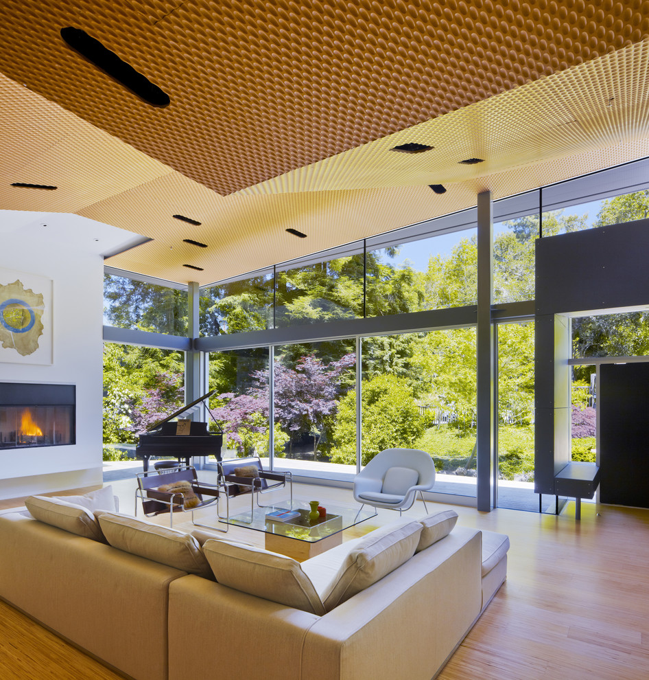 Design ideas for a mid-sized modern enclosed living room in San Francisco with a music area, a standard fireplace, white walls, light hardwood floors, a plaster fireplace surround and no tv.