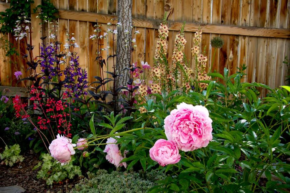 Design ideas for a small rustic partial sun backyard concrete paver retaining wall landscape in Denver.